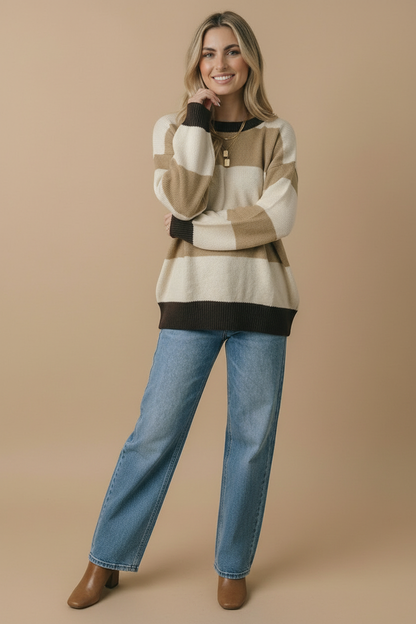 Round Neck Striped Color Block Sweater Top