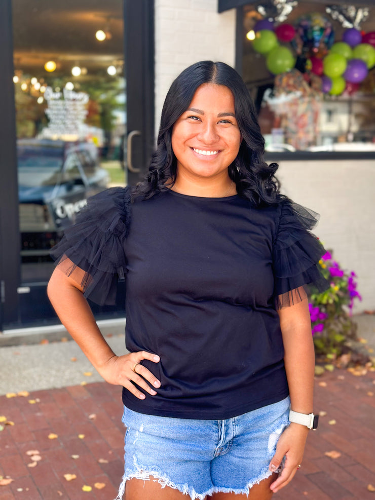 Black Tulle Layered Sleeve Top