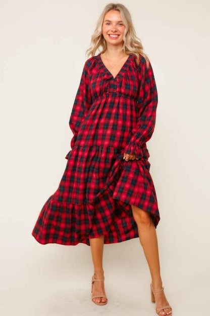 Plaid Check Tiered Maxi Dress W/ Side Pocket