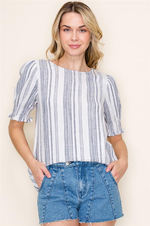 Smocked Hem Navy & White Stripe Blouse