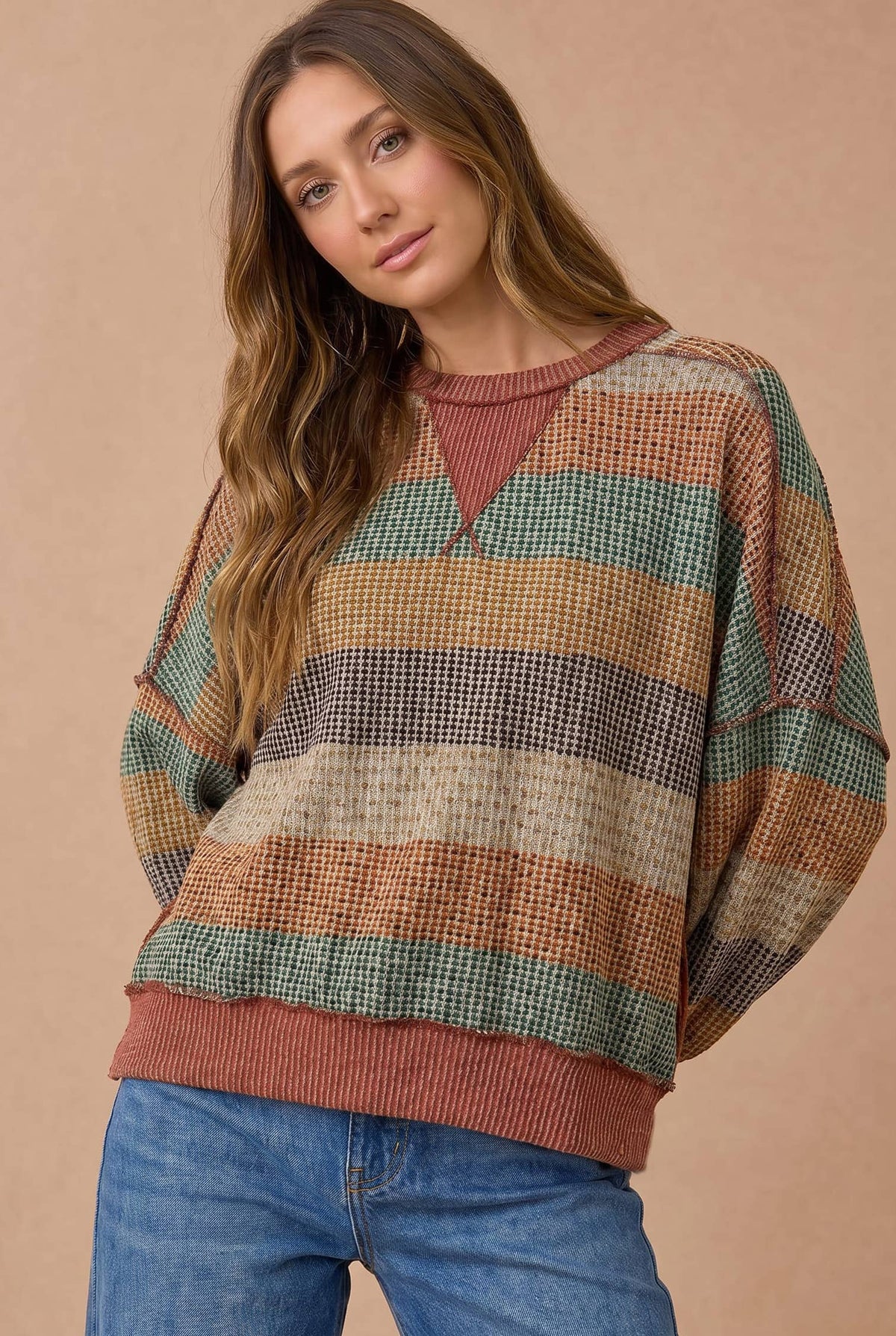 Stripe Waffle Wave Rib Banded Hem Pullover