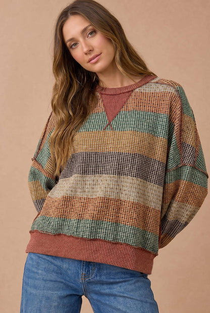 Stripe Waffle Wave Rib Banded Hem Pullover