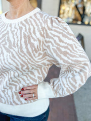 Cream Zebra Puff Sleeve Sweater