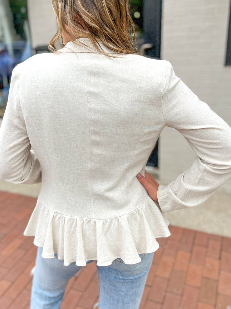 Oatmeal Linen Ruffle Peplum Blazer