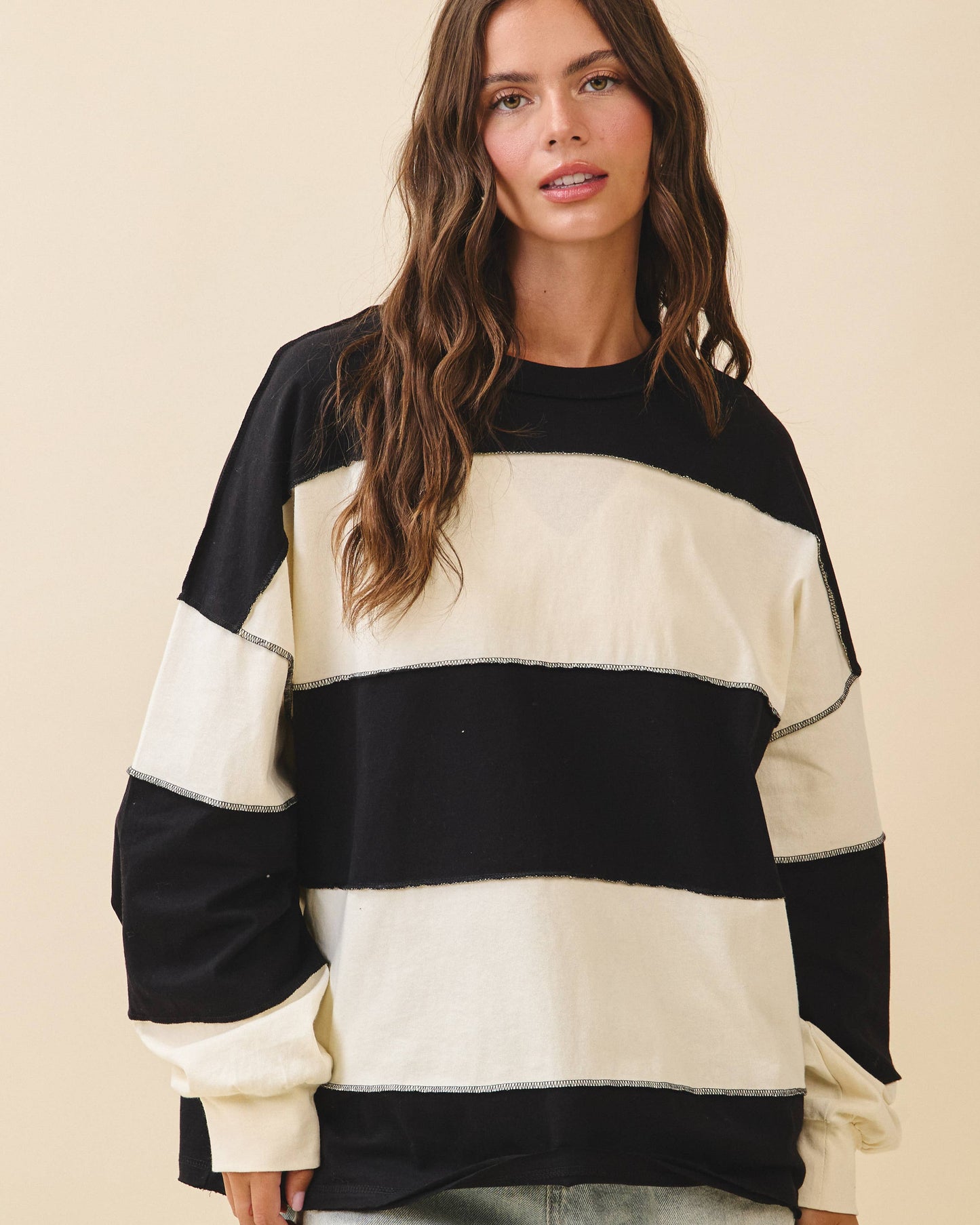 Contrast Panel Long Sleeve Slouchy Top