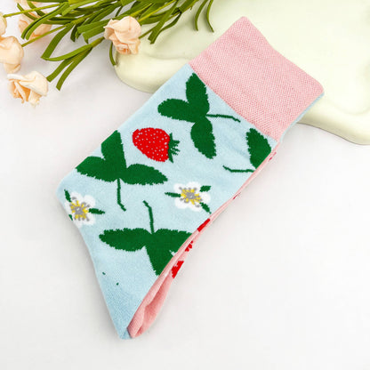 Strawberry Blossom Mismatched Double-Sided Mid-Crew Socks