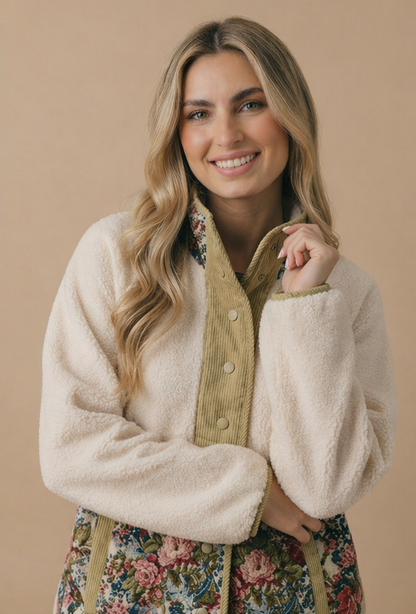 High Neck Snap Button Sherpa Floral Jacket