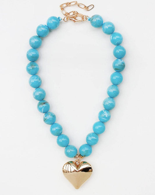 Turquoise 18MM Beaded with Gold Heart Charm 16"-18" Necklace