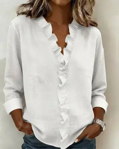 Ruffle V Neck  Long Sleeve Blouse