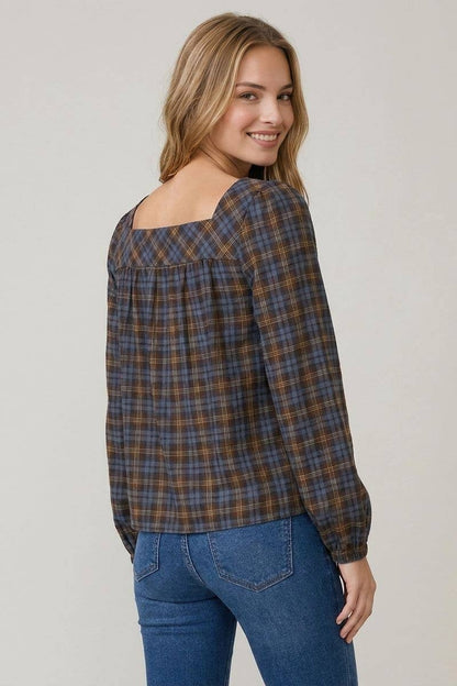 Plaid Square Neck Blouse
