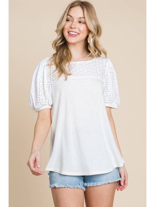 Ivory Eyelet Bubble Sleeve Top