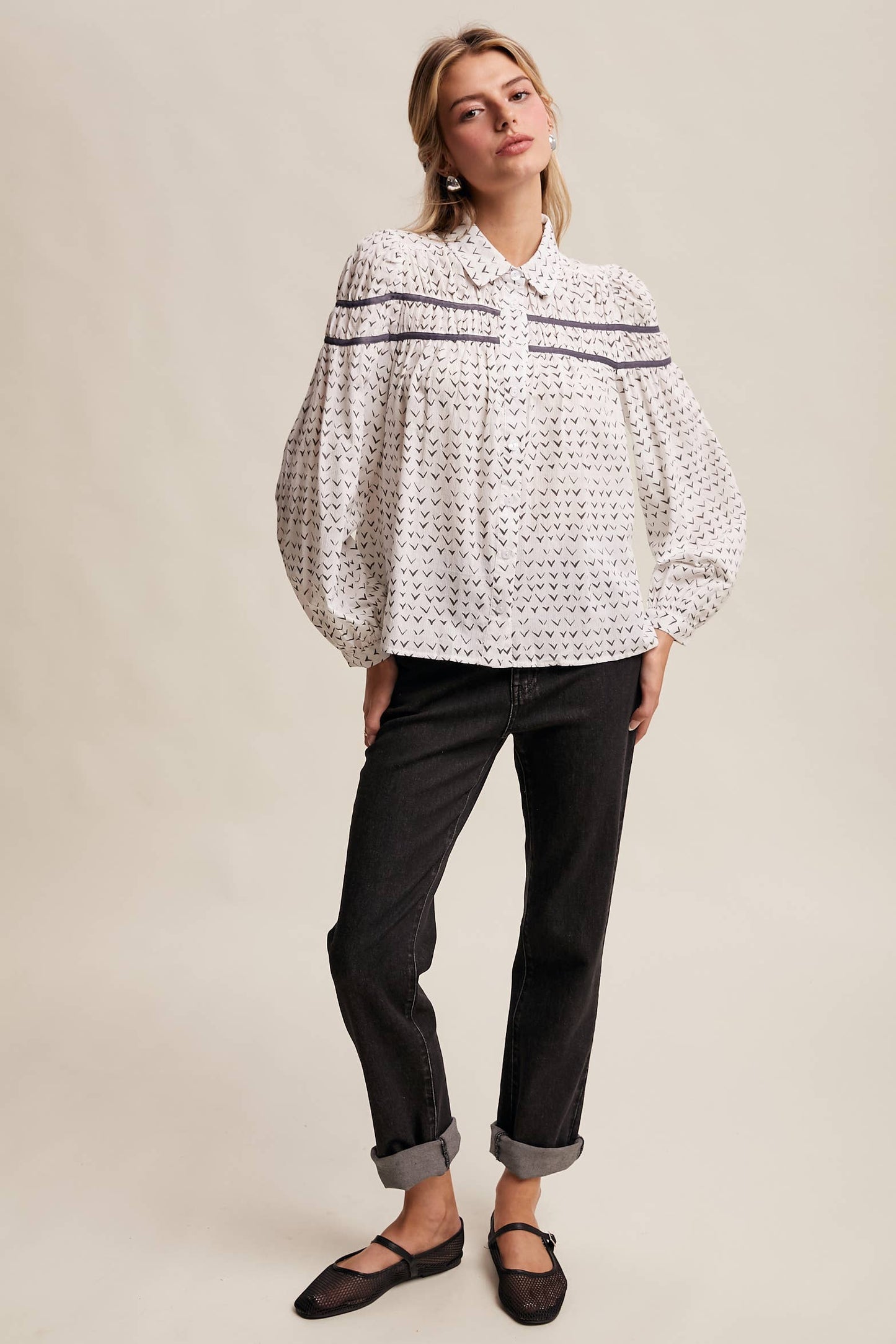 Lavender Grey Pintuck Puff Sleeve Blouse