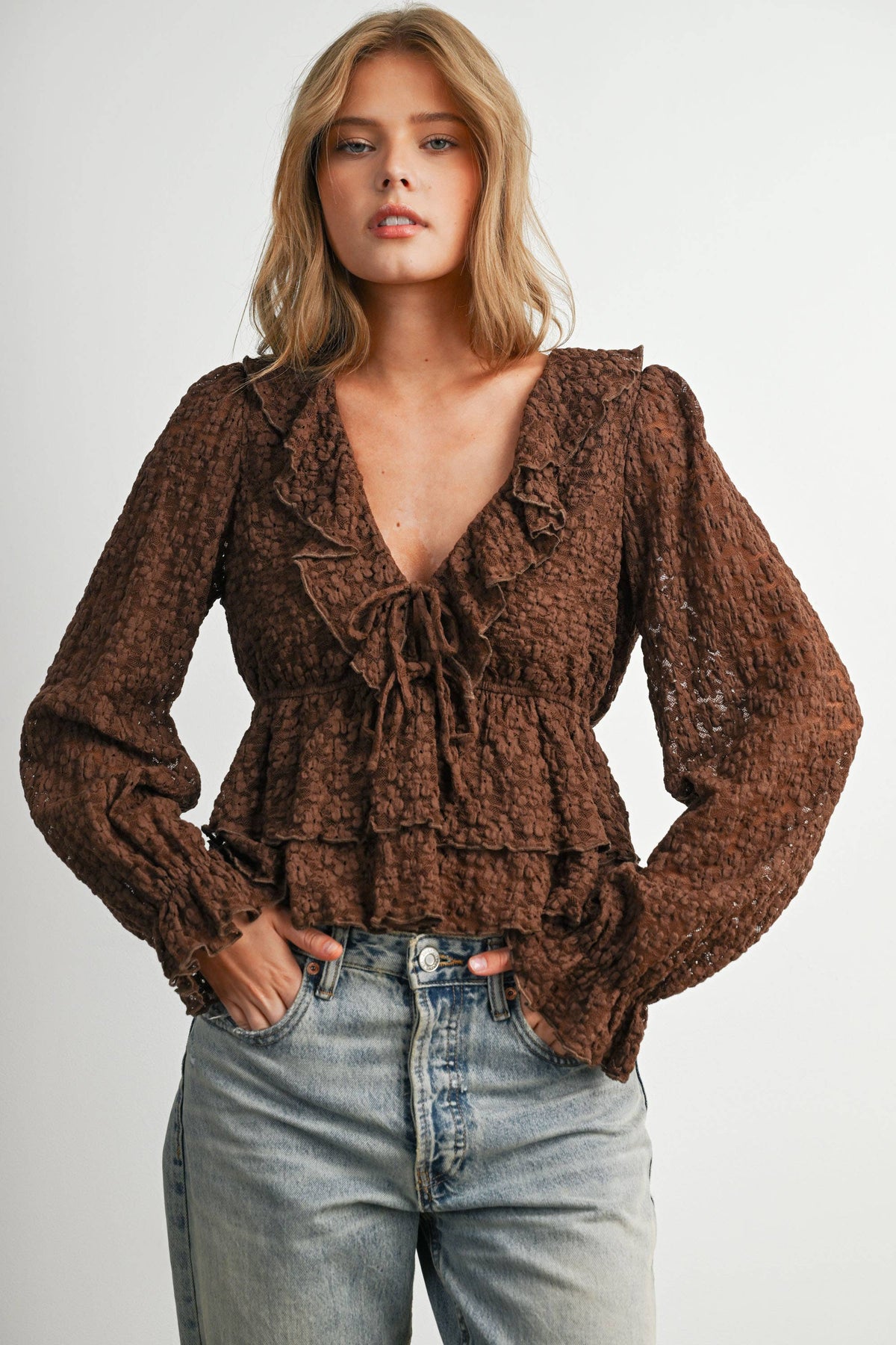 Brown Lace Ruffle Long Sleeve Blouse