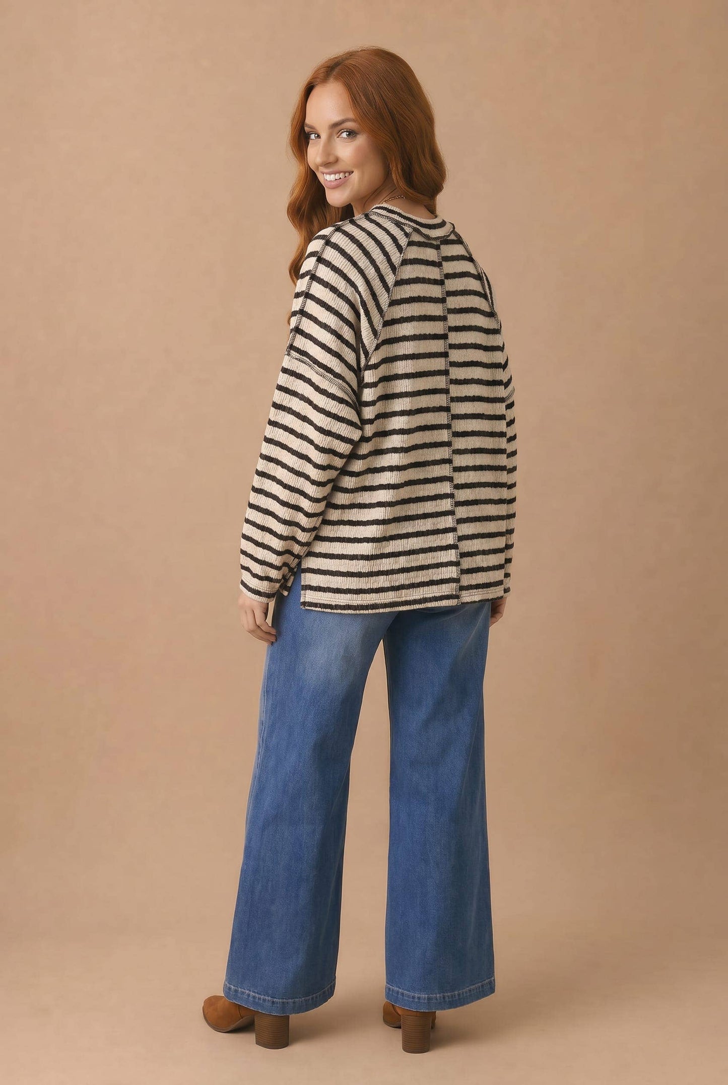 Round Neck Textured Stripe Reverse Stitch Top