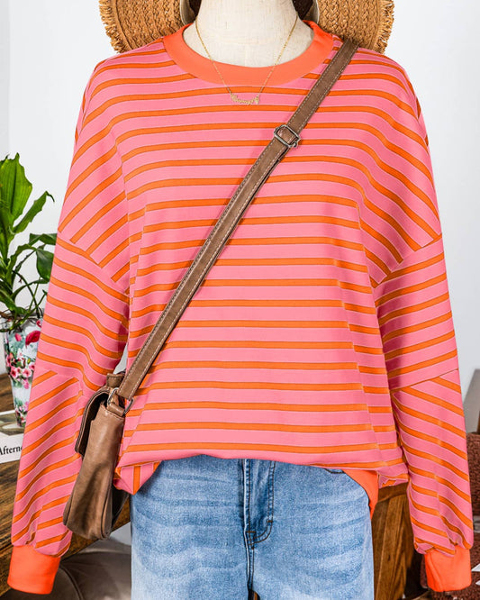 Orange & Pink Stripe Fall Drop Shoulder Crew Neck Loose Sweatshirt