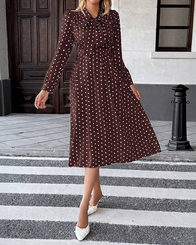 Polka Dot Bow Tie Neck Dress Long Sleeve Vintage Midi
