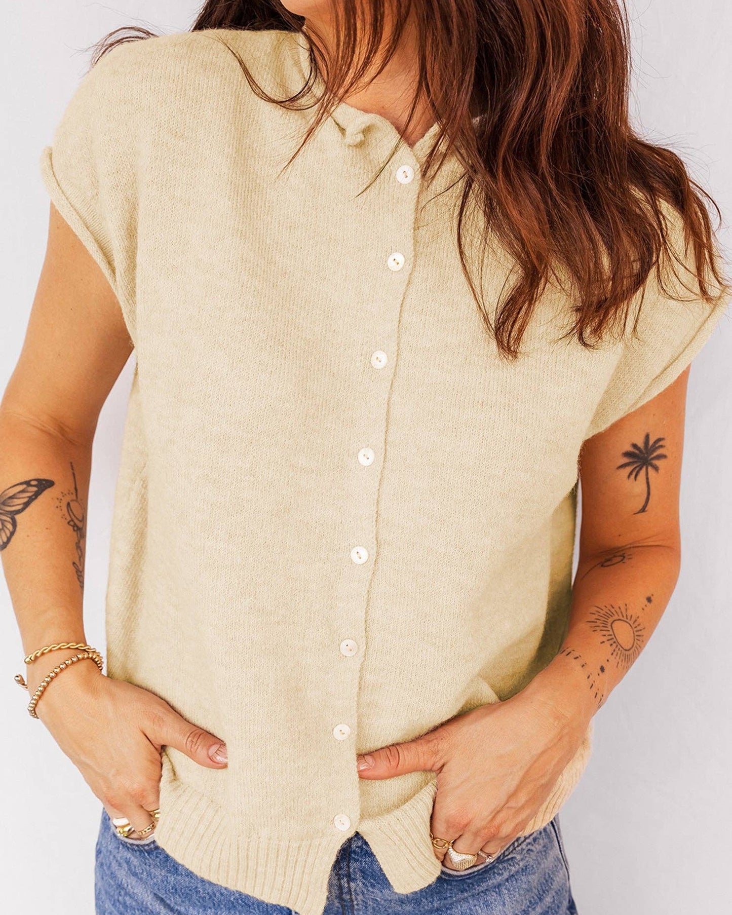 Apricot Buttoned Top w/ Cap Sleeve