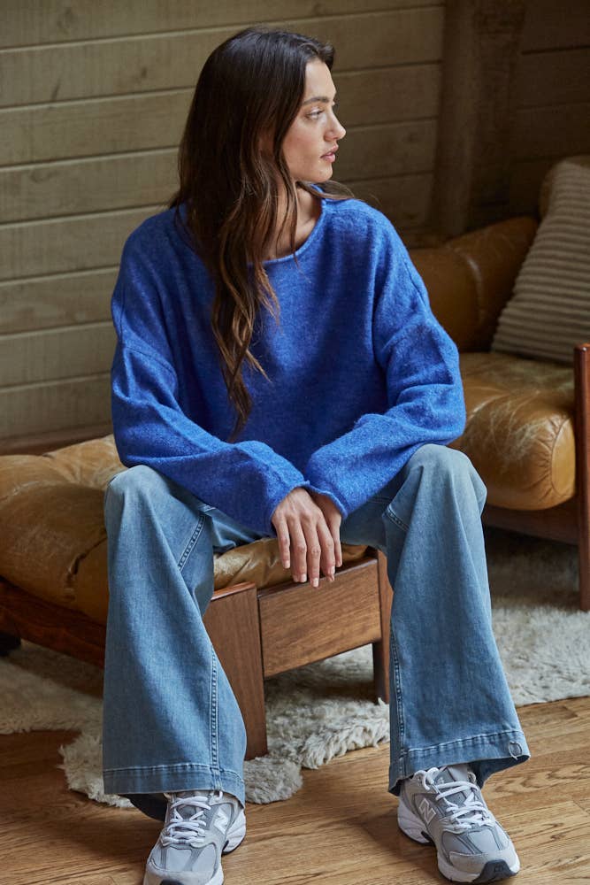 Knit Sweater Rolled Round Neck Pullover Top