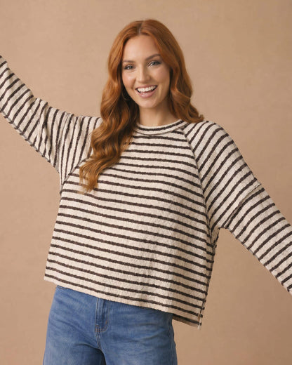 Round Neck Textured Stripe Reverse Stitch Top