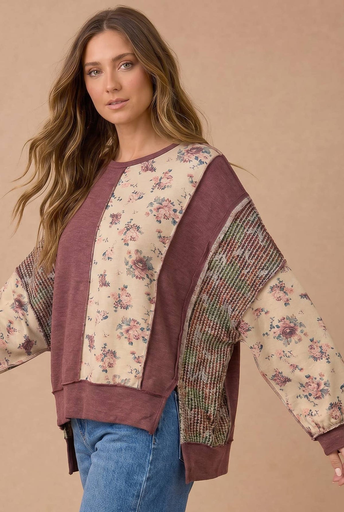 Mixed Fabric Floral Waffle Knit Paneling Top