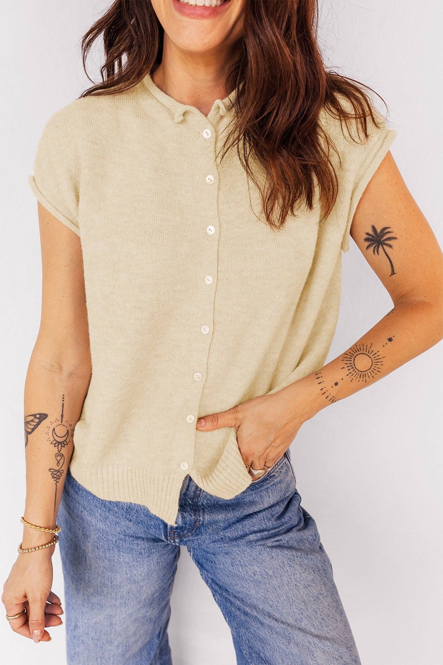 Apricot Buttoned Top w/ Cap Sleeve