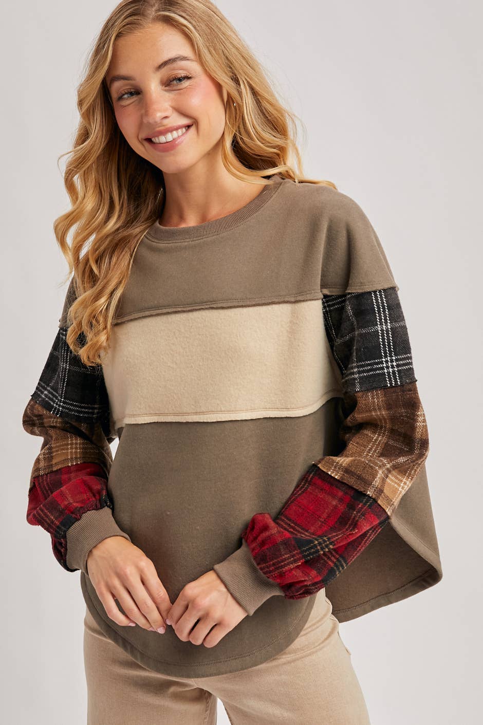 Color Block Plaid Flannel Patch Sweatshirt