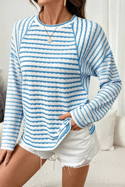 Textured Striped Long Sleeve Pullover