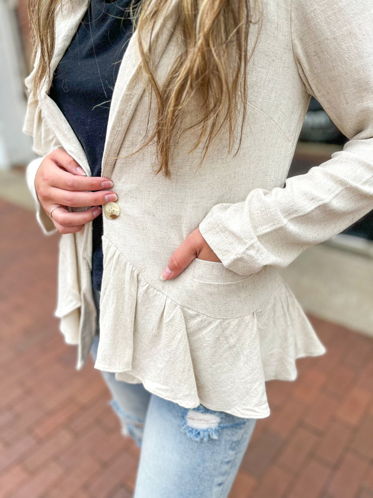 Oatmeal Linen Ruffle Peplum Blazer