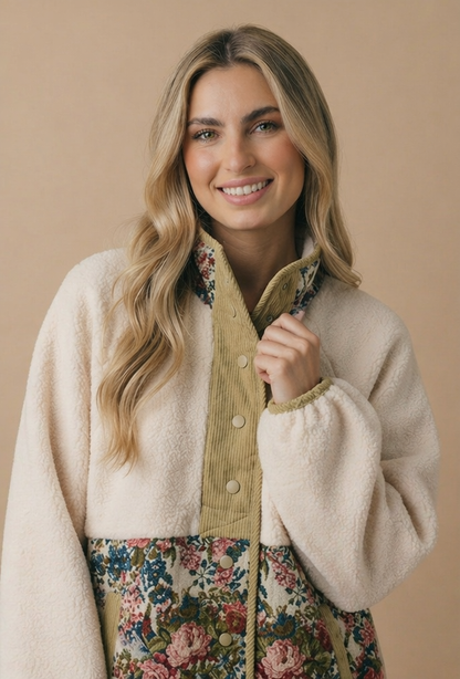 High Neck Snap Button Sherpa Floral Jacket