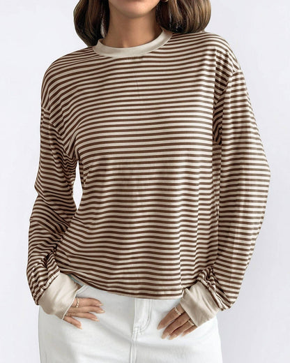 Striped Polyester Tee Casual Oversized Long Sleeve