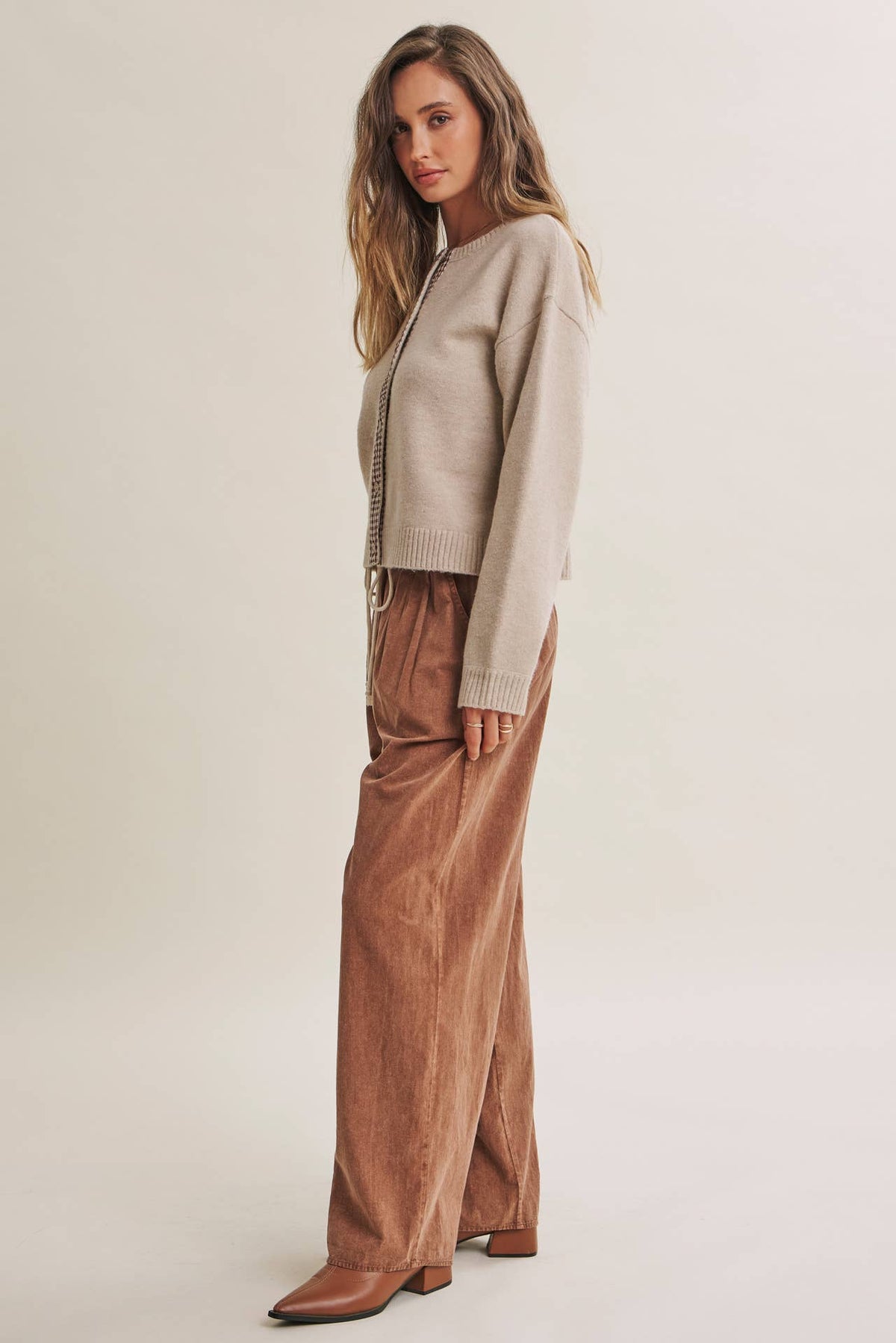 Beige Cardigan w/ Plaid Button Up Acccent