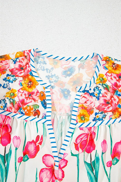 Pink Floral Striped Detail Short Sleeve Blouse