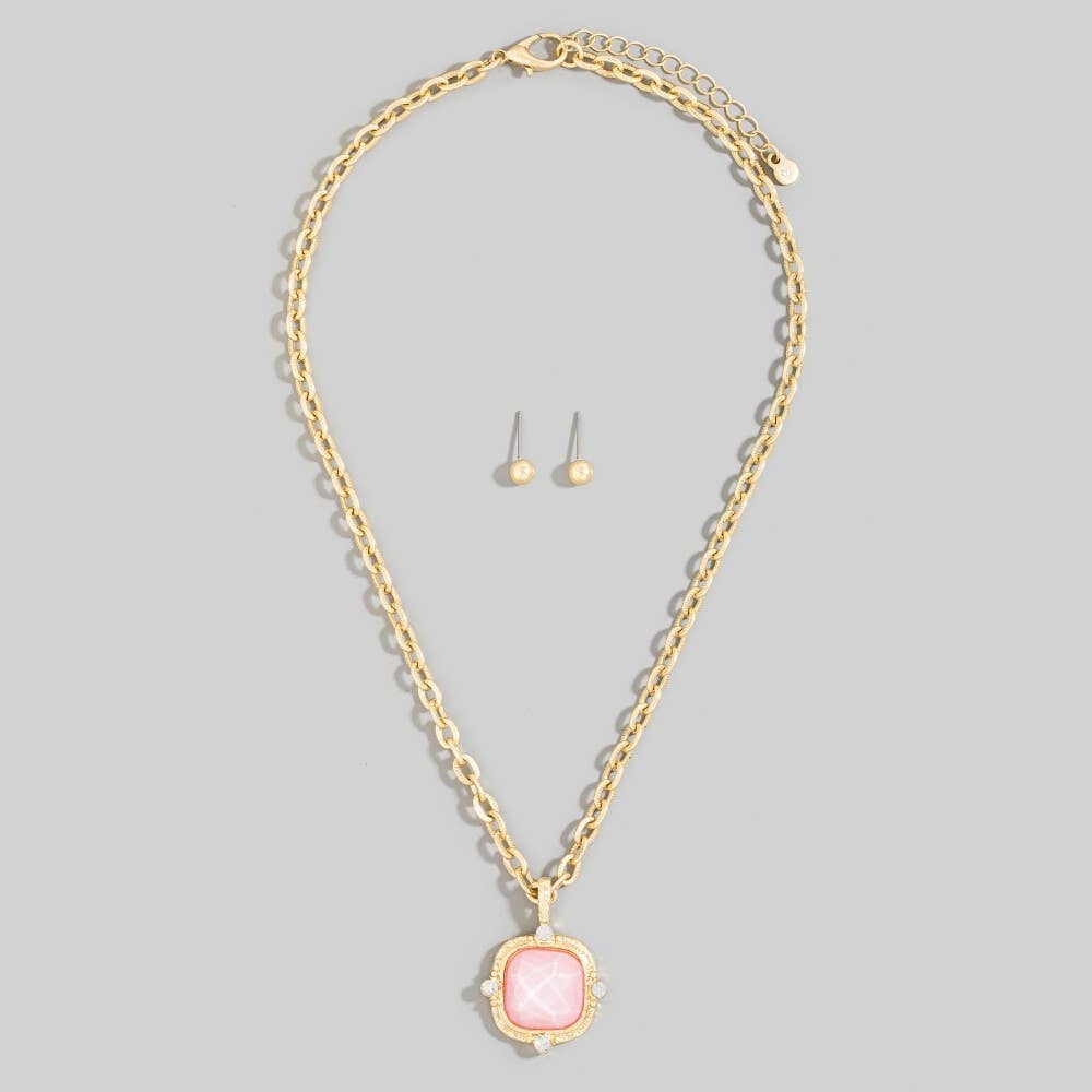 Square Faceted Stone Pendant Chain Necklace Set