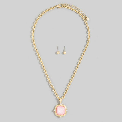 Square Faceted Stone Pendant Chain Necklace Set
