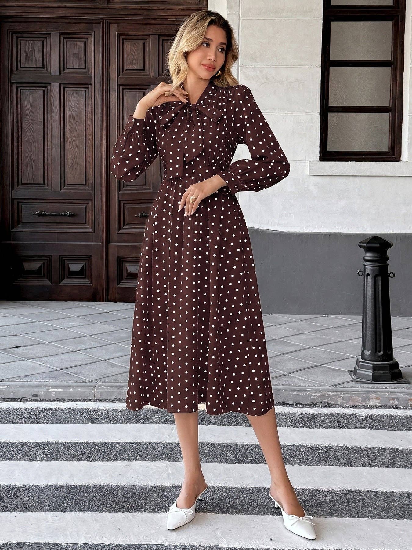 Polka Dot Bow Tie Neck Dress Long Sleeve Vintage Midi