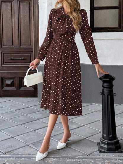 Polka Dot Bow Tie Neck Dress Long Sleeve Vintage Midi