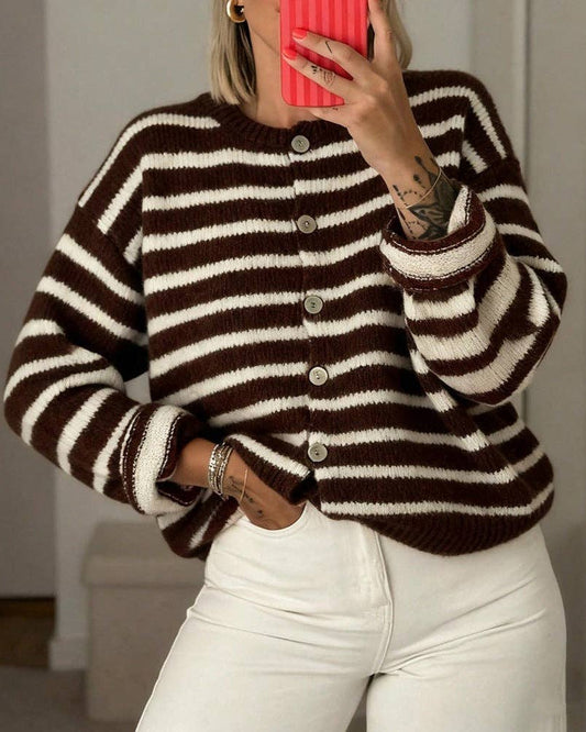 Striped Button Front Oversized Knit Cardigan