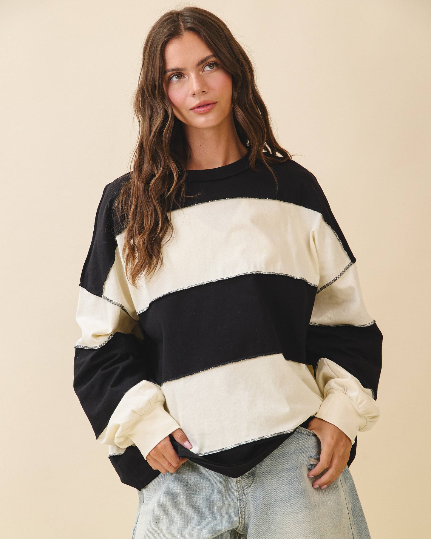 Contrast Panel Long Sleeve Slouchy Top