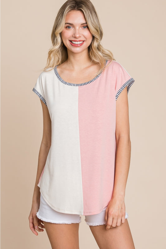 Peach Color Block Button Back Top