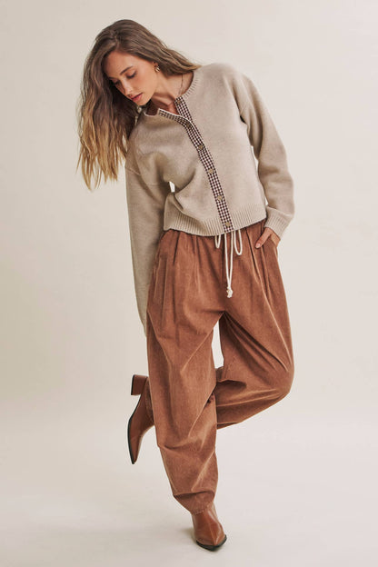 Beige Cardigan w/ Plaid Button Up Acccent