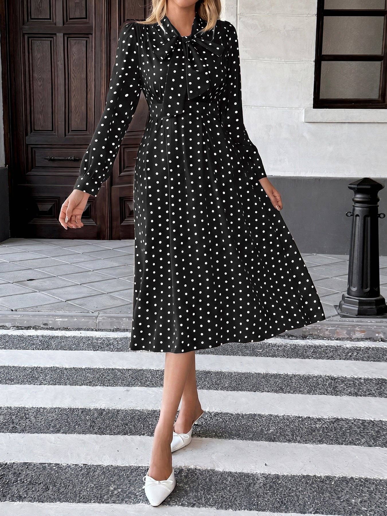 Polka Dot Bow Tie Neck Dress Long Sleeve Vintage Midi