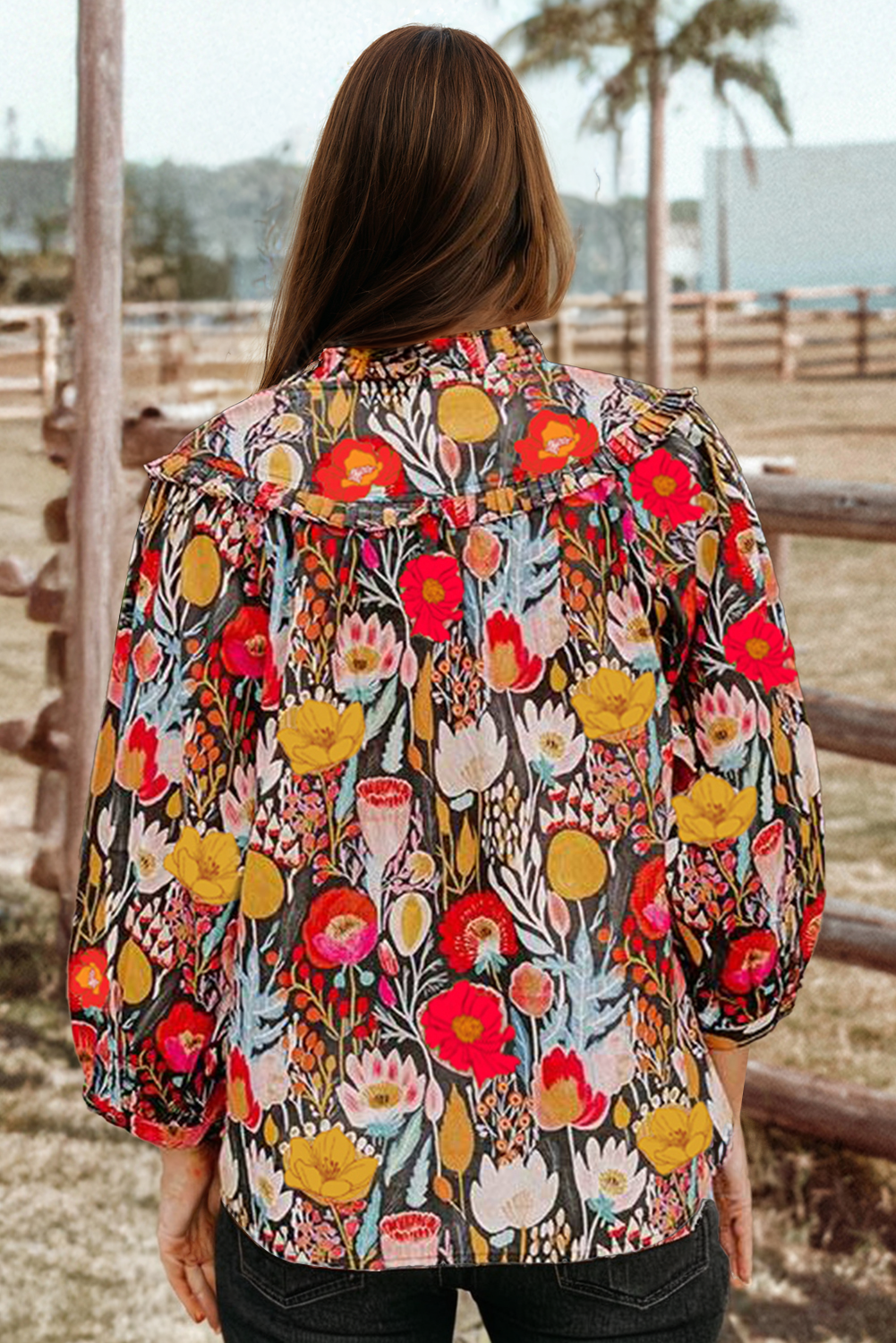 Floral 3/4 Puff Sleeve Tied Neck Blouse