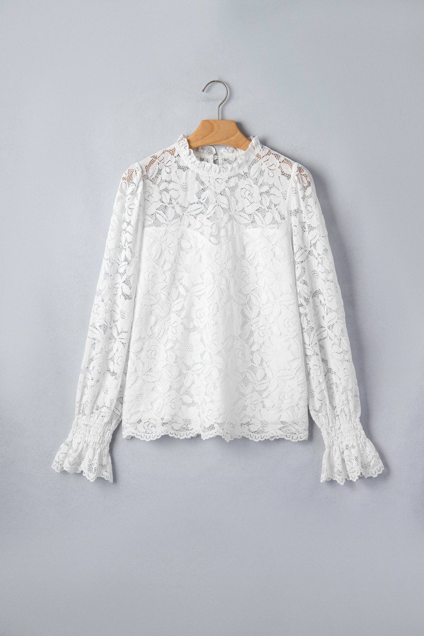 White Ruffled Round Neck Long Flounce Sleeve Sheer Lace Blouse