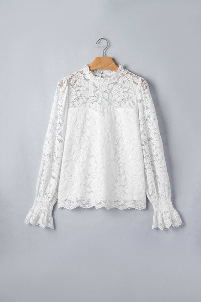 White Ruffled Round Neck Long Flounce Sleeve Sheer Lace Blouse