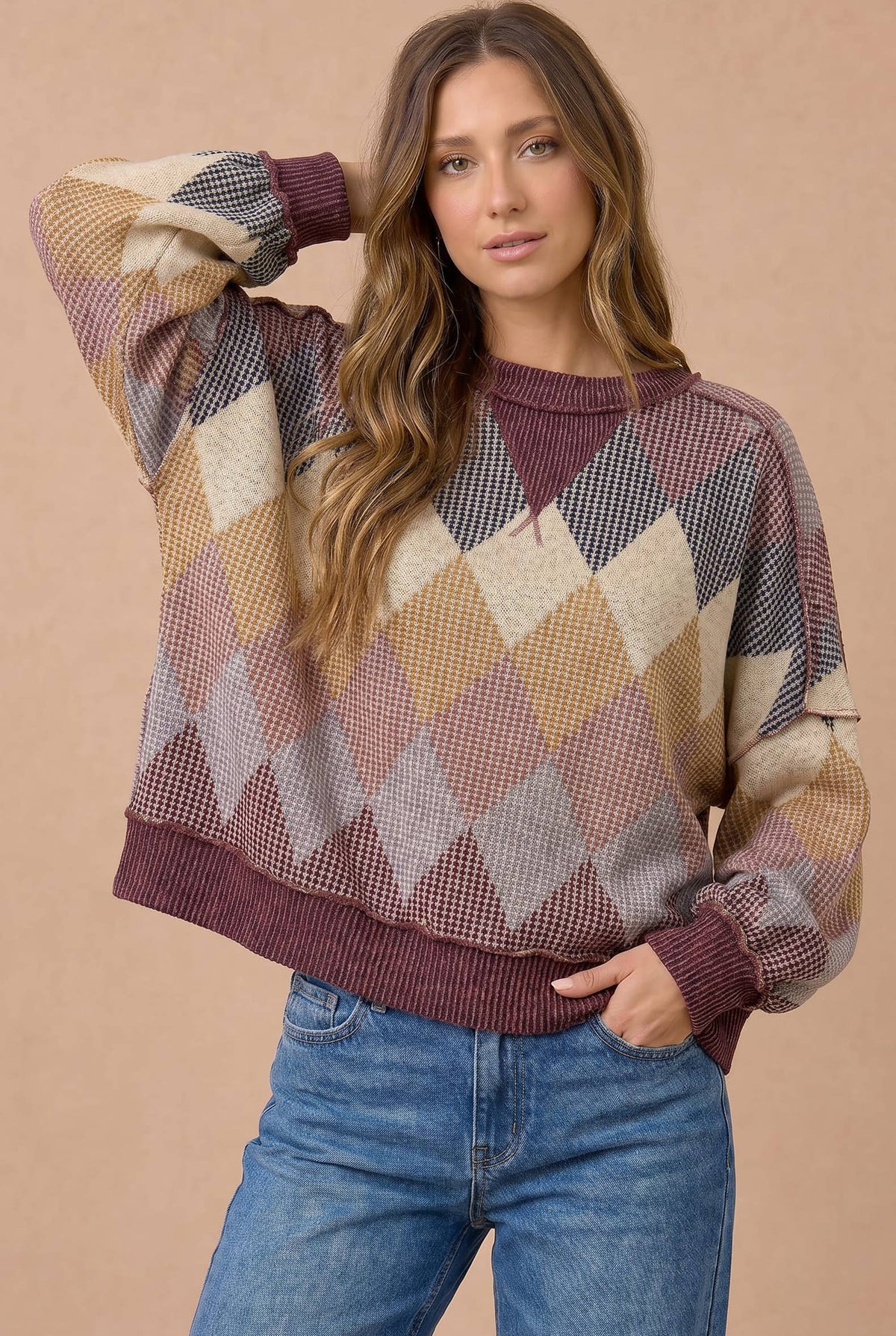 Argyle Waffle Wave Rib Banded Hem Pullover