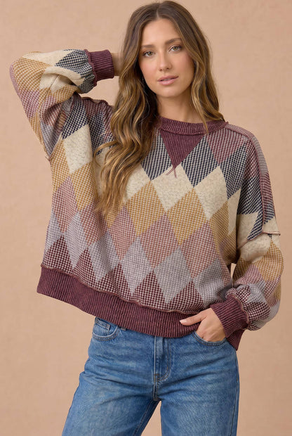 Argyle Waffle Wave Rib Banded Hem Pullover