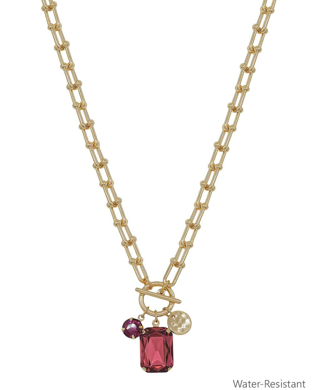 Water Resistant Gold Chain with Pink Crystal Charms 16"-18" Necklace