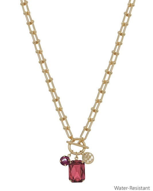 Water Resistant Gold Chain with Pink Crystal Charms 16"-18" Necklace