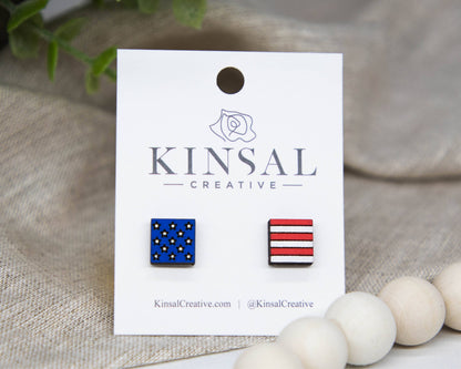 Stars And Stripes Wood Stud Earrings