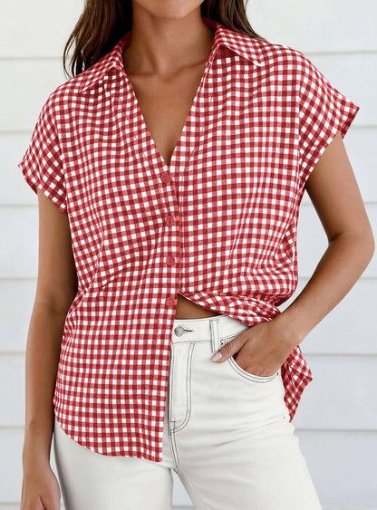 Women Gingham Button Down Summer Top Loose Fit Blouse